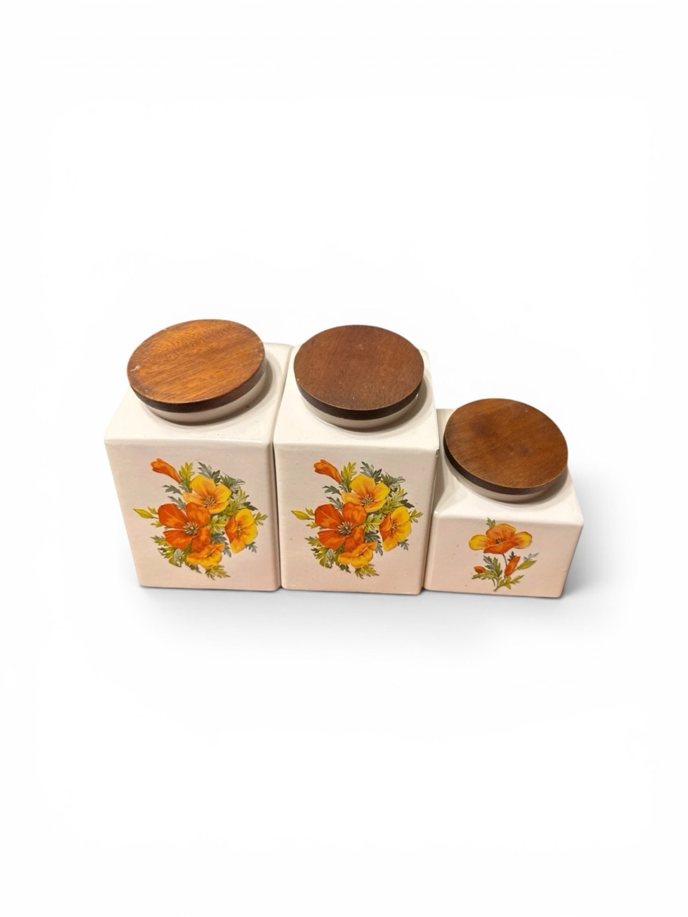 Vintage 1960s 1970s Set Of 3 Hyalyn USA Wooden Top Canister Set Grannycore